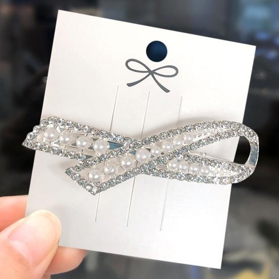 Women Hairpin Bow Shape Faux Pearl Rhinestone Faux Crystal Decor Hollow Out Exquisite Anti-slip Sparkling Luxury Hair Decoration Hair Clip