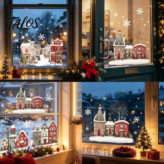 Decorative PVC Stickers Christmas Static Window Clings, Snowy Town House Snowflake Glass Decals, Reusable Winter Wonderland Film Xmas Stickers,