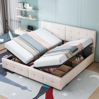 Gepolstertes Bett 180x200cm, Hydraulisches Stauraumbett, Hohes Boxspringbett, Multifunktionales Doppelbett, Hautfreundlicher Samtstoff, Beige