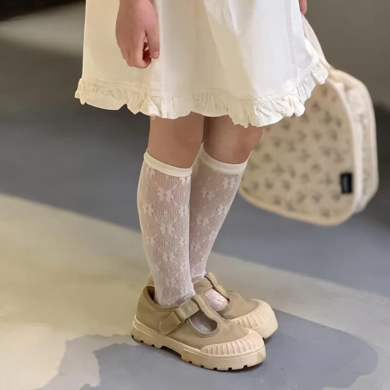 1 Pair Summer Mesh Socks for Kids Girl Solid Color Fashion Floral Children's Calf Sock Thin Breathable Elastic School Sock