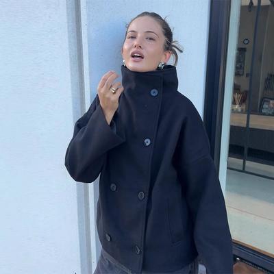 Black High Neck Double Breasted Long Wool Coat with Notch Lapel