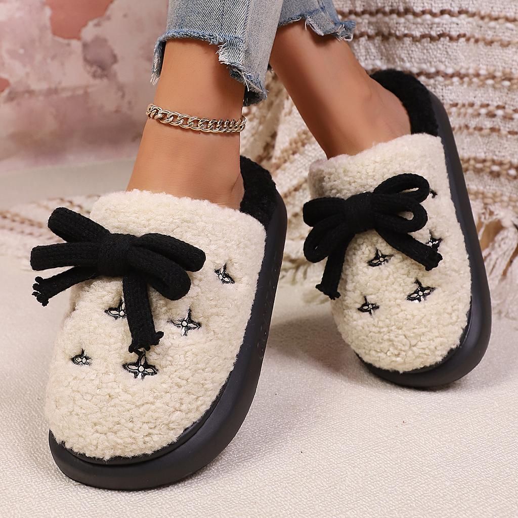 Fashion Sweet Bowknot Furry Comfort Indoor Slippers Women 2025 Winter Soft Non Slip Eva Slippers with Platform Warm Fluffy Fur Shoes