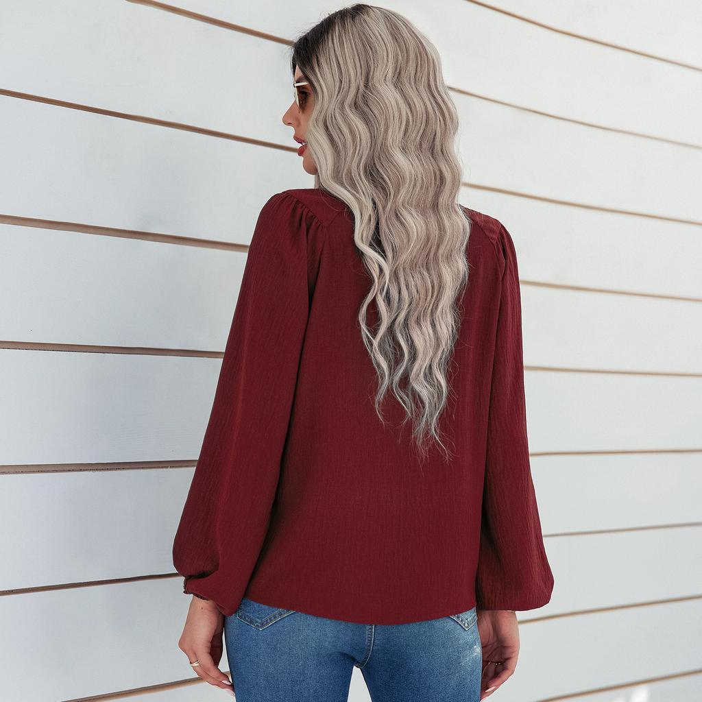 Women Autumn Solid Color Round Neck Pullover Loose Long Sleeve T Shirt Top