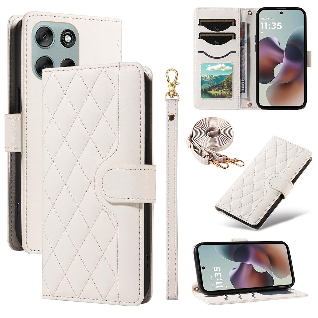 For Motorola Moto G56 5G Wallet Case Rhombus Leather Phone Cover with Strap