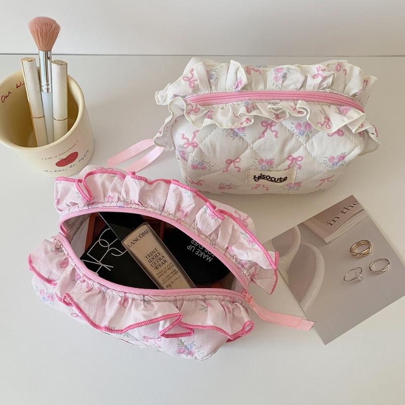 Cute Bow Flower Quilting Cotton Makeup Bag Women Zipper Cosmetic Organizer Female Cloth Handbag Portable Toiletry Case For Girls
