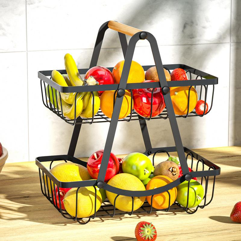 Removable Double Layer Fruit Basket With Wooden Handle Stylish Iron Storage Basket For Kitchen And Living Room Organization