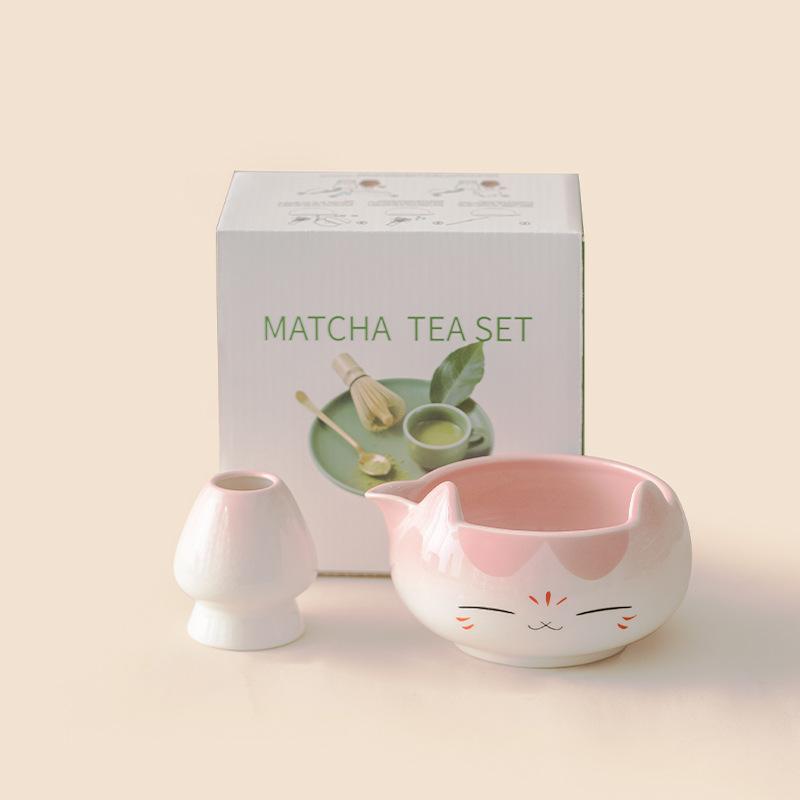 Ensemble de Thé Matcha en Forme de Chat Céramique Japonaise Bol Fouet en Bambou Tamis Boîte Cadeau pour la Préparation du Matcha Accessoires de Thé Mignons
