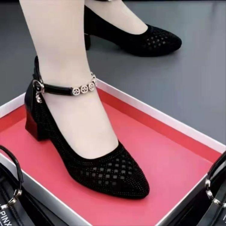 Hollow Mesh Breathable Sandals Women's Summer Pointed Mother Single Shoes Mid-heel Square Dance Shoes