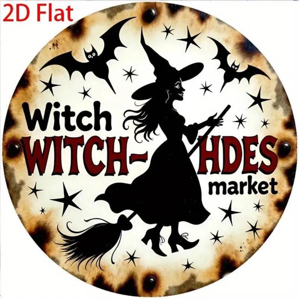 

Hisun Tin Sign Vintage Witch Witch Hdes Market Round Tin Sign Retro Halloween Witch Bats Themed Metal Wall Art Plaque Waterproof Rustic Iron 20x20cm
