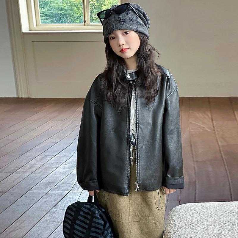 

Стильная кожаная мотоциклетная куртка для девочек 2025 года на весну и осень 130cm чёрный