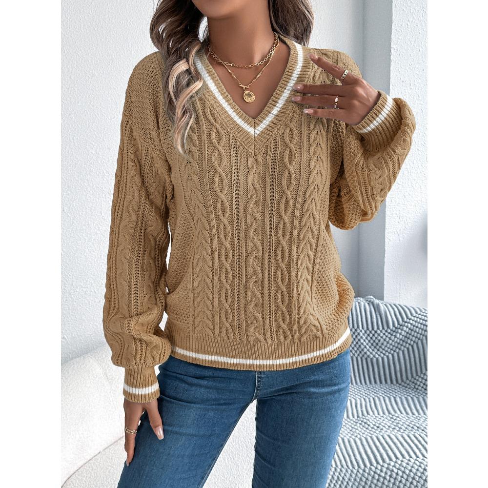Autumn/Winter New Arrival: Loose-Fit Academic Style Colour-Block V-Neck Cable-Knit Long-Sleeved Cardigan for Women