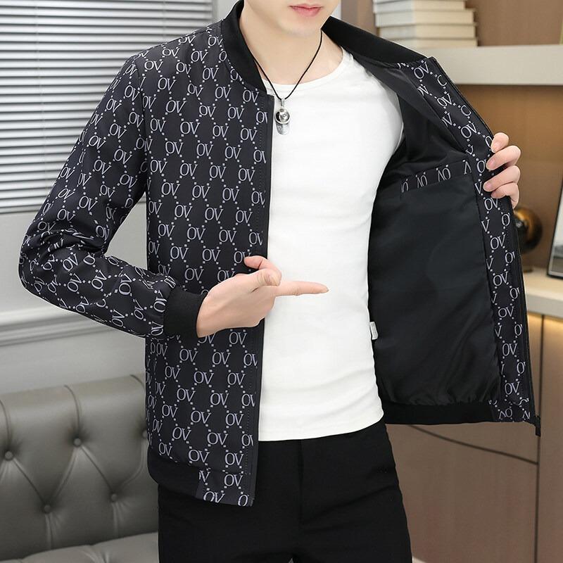 Men Stand Collar Long Sleeve Printed Slim Fit Casual Thin Jacket