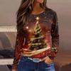 Women's Fashion Casual Slit Hem Round Neck Long Sleeve Loose Printed T-Shirt Ladies Top Christmas