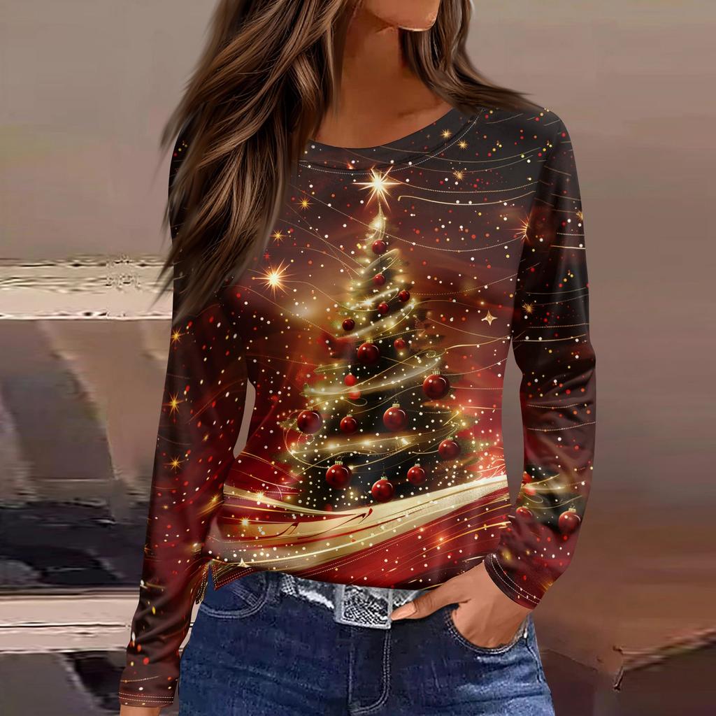 Women's Fashion Casual Slit Hem Round Neck Long Sleeve Loose Printed T-Shirt Ladies Top Christmas