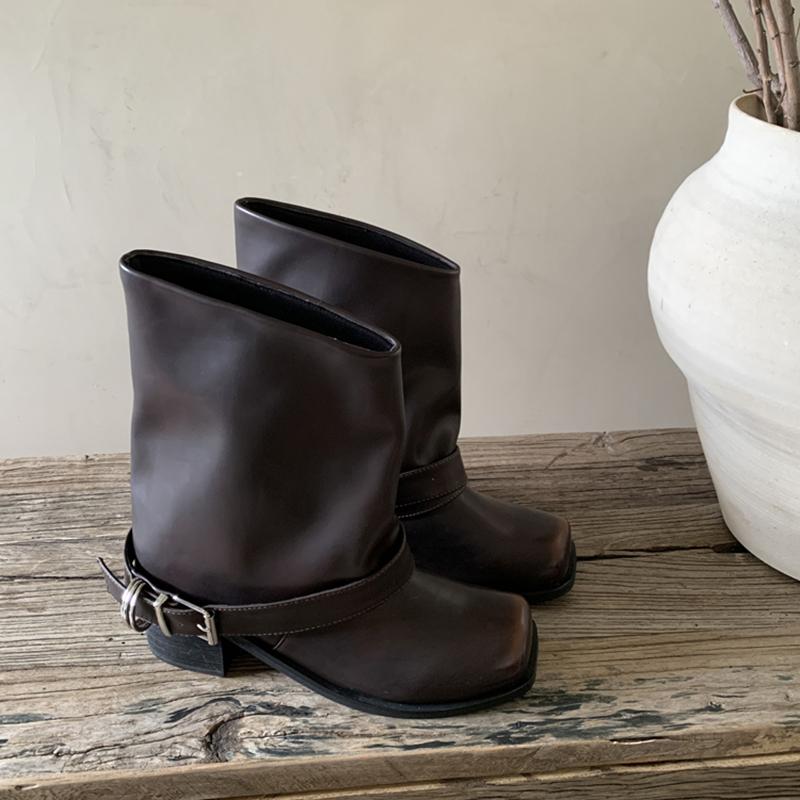 

Винтажные квадратные носки женские туфли в стиле вестерн-ковбой с пряжкой на поясе осень-зима женские короткие сапоги рыцаря на толстом каблуке 40 коричневый