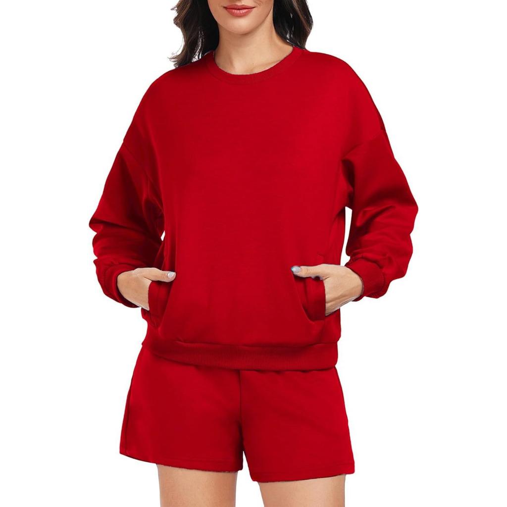 Women's Loose Tracksuit Long Sleeve Sweatshirt Elastic Waist Shorts Casual Loungewear Set