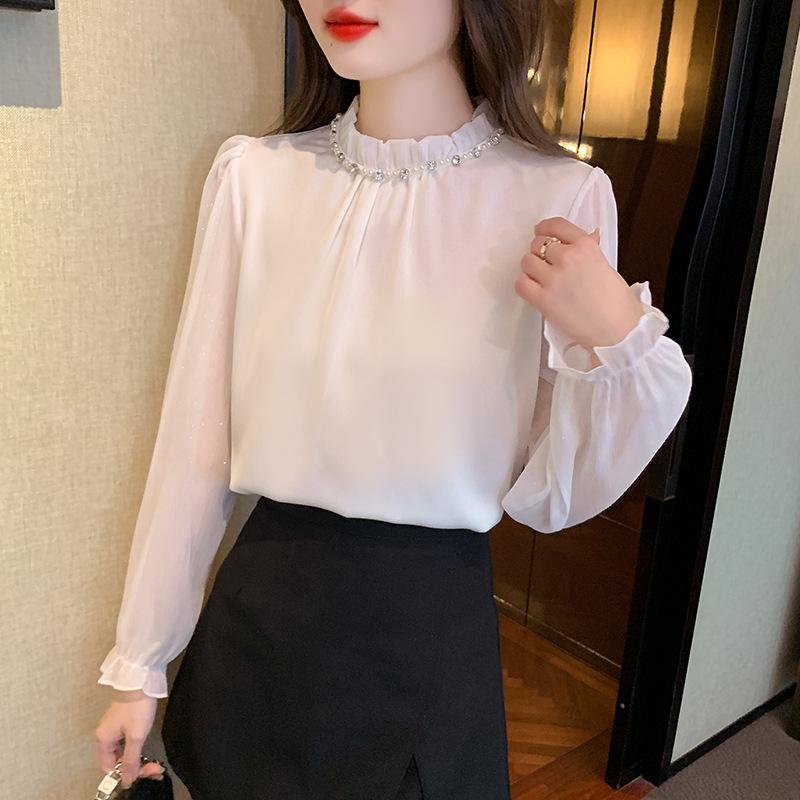 Fast 8628: Women's Fashionable Chiffon Long-Sleeve Shirt, Beaded for Spring 2025 - Professional and Versatile Commuter Top.