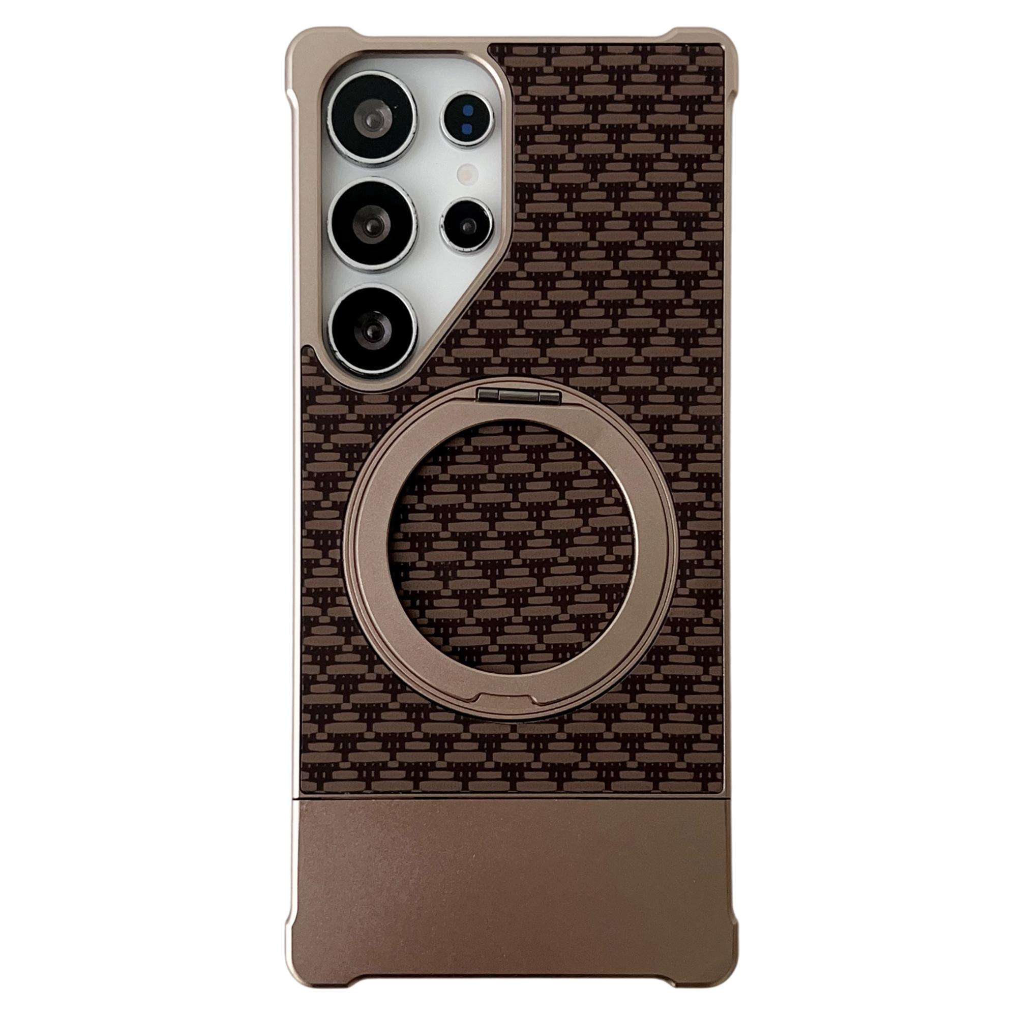 

For Samsung Galaxy S25 Ultra Magnetic Case Kickstand Metal Carbon Fiber Pull-Out Design Phone Cover Gold