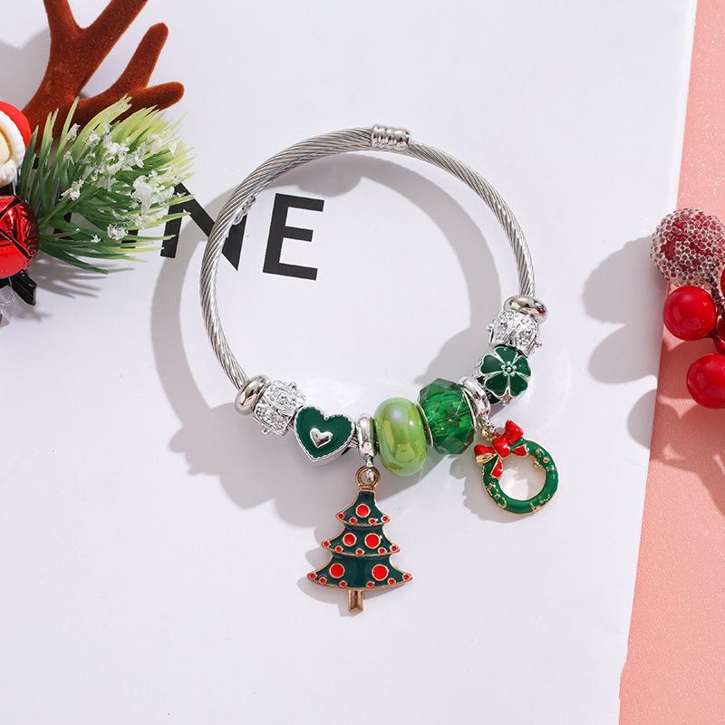 Christmas Themed Stainless Steel Bracelet For Girls With Snowflake Reindeer Crystal Beads And Tree Charm Gift