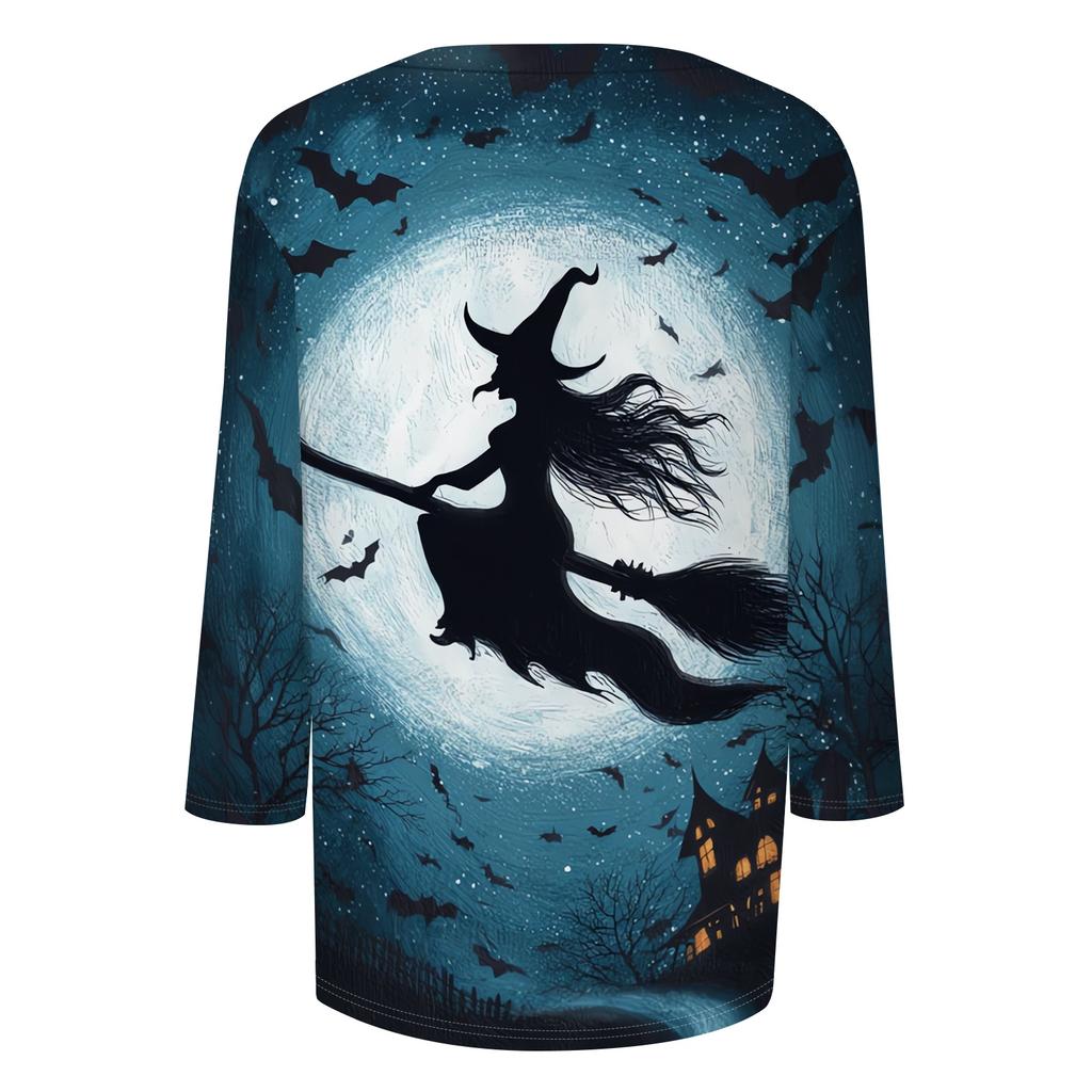 Women's Casual Halloween Printed T Shirt Crew Neck Three Quarter Sleeve Top Witch and Moon Graphic Design