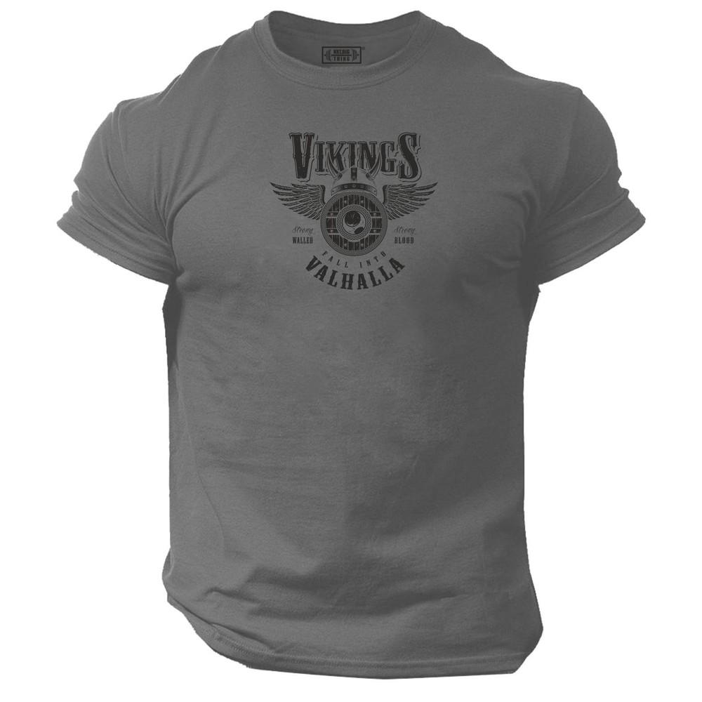 Fall Into Valhalla T Shirt Gym Clothing Bodybuilding Vikings Helmet Angels Top