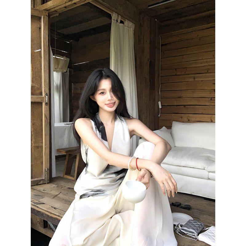 Kumikumi New Chinese Style Set Retro Blooming Sleeveless Vest Women Summer Loose Drape Wide Leg Pants Two-piece Set