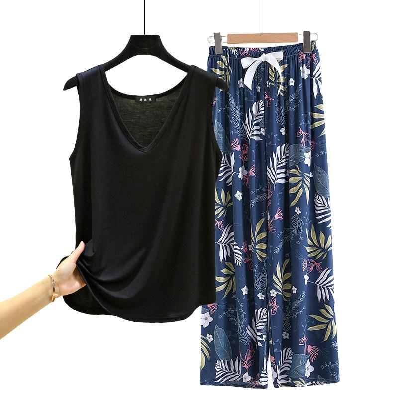 Lockere Modal-Pyjama-Sets Sommer V-Ausschnitt Tanktop und Florale Weite Hosen Lässiger Hausanzug ärmellos Loungewear Übergröße