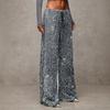 Damen Hosen High Waist Weites Bein Freizeithose mit Pailletten-Design Elastischer Kordelzug in der Taille Partyhose