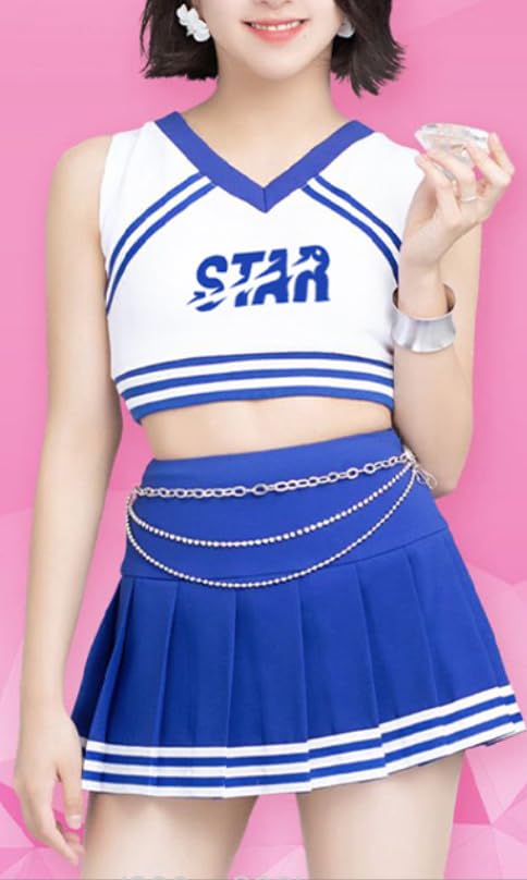 Cheerleader Mini Navel Kort Ovanför det Blå [Lady Lazy] Kostym, Kjold, Extrudering, Fotografering, Cosplay, Crossdressing, Söt, Längd, Knä,