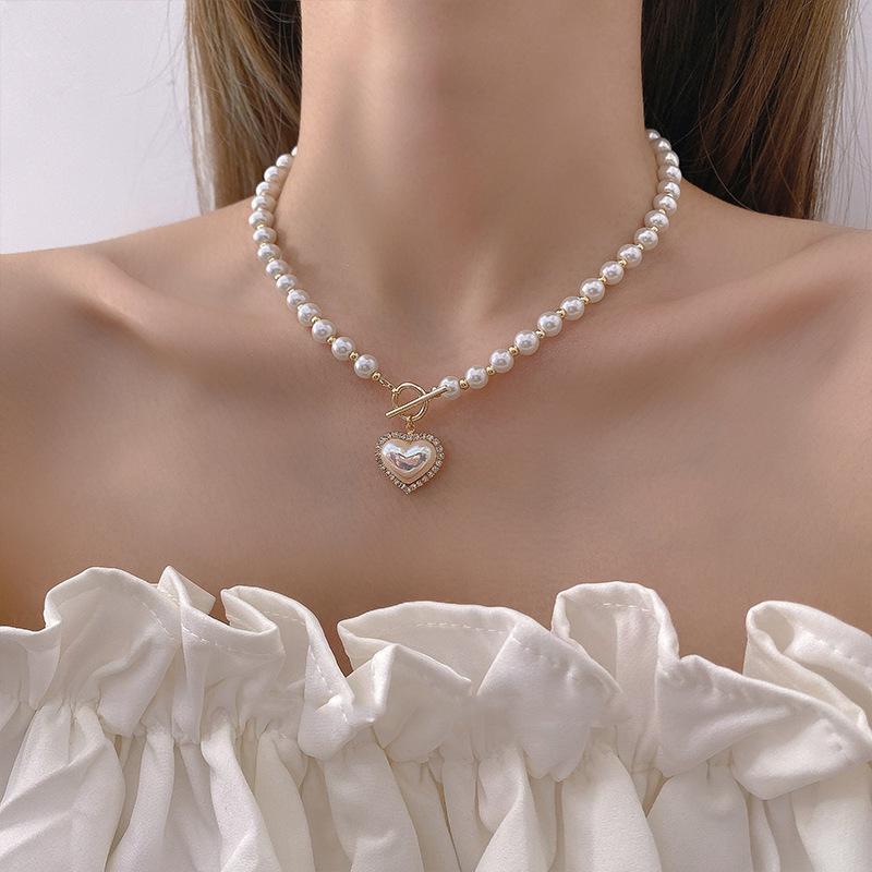 French Mermaid Pearl & Diamond Heart Pendant Necklace with T-Clasp for Women