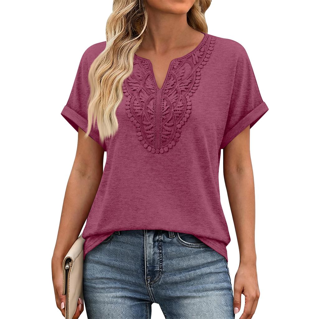 Women V Neck Short Sleeve Top with Embroidered Front Casual Loose Fit Bohemian Style Lightweight Summer Shirt Blouse