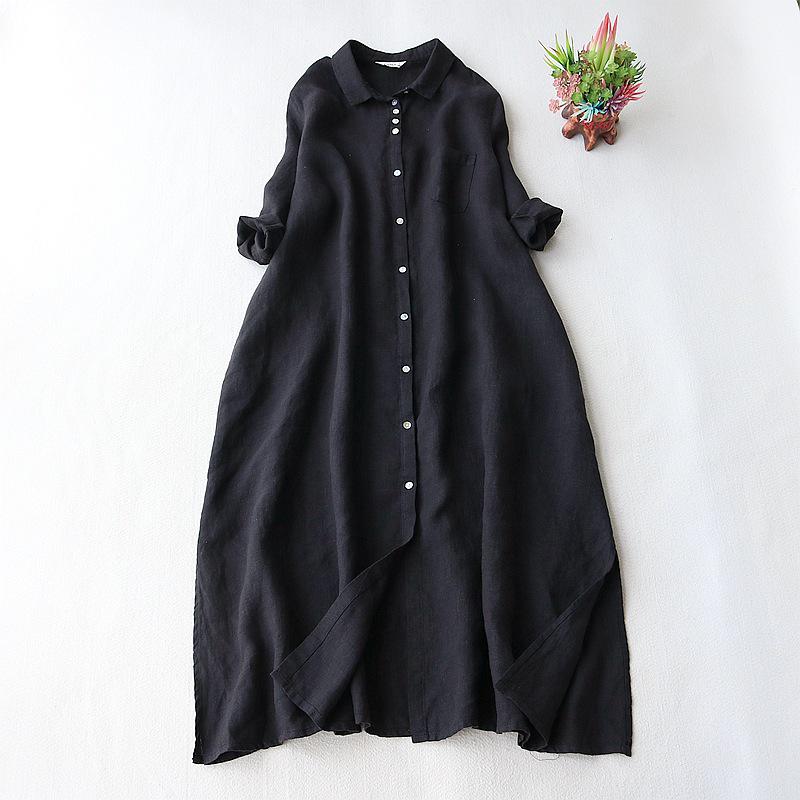 2025 Summer Fashion Plus Size Women's Cotton Linen Mid-Length Lapel Dress - Loose, Simple, and Slimming.
