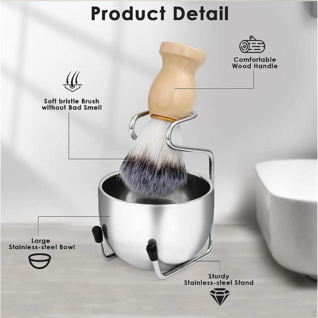 Men Shaving Brush Shave Cup with Stand 3 In 1 Kit Accessories Portable for Dad, Husband Stainless