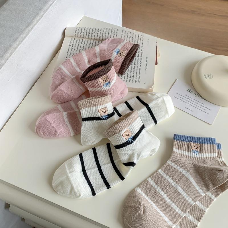 Women's Color-blocking Striped Short Boat Socks Spring and Summer Mesh Breathable Bear Boneless Cotton Socks Women's Short Socks