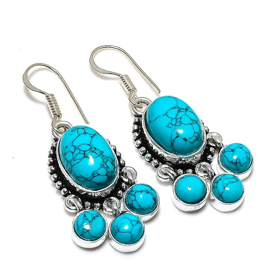 

Этнические ювелирные серьги ручной работы с бирюзой и драгоценными камнями Santa Rosa 1,85 дюйма VR-4120