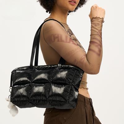 Borse da donna in cotone piumino, borse a spalla di grande capacità, tote bag alla moda in nylon lucido e cotone sandwich