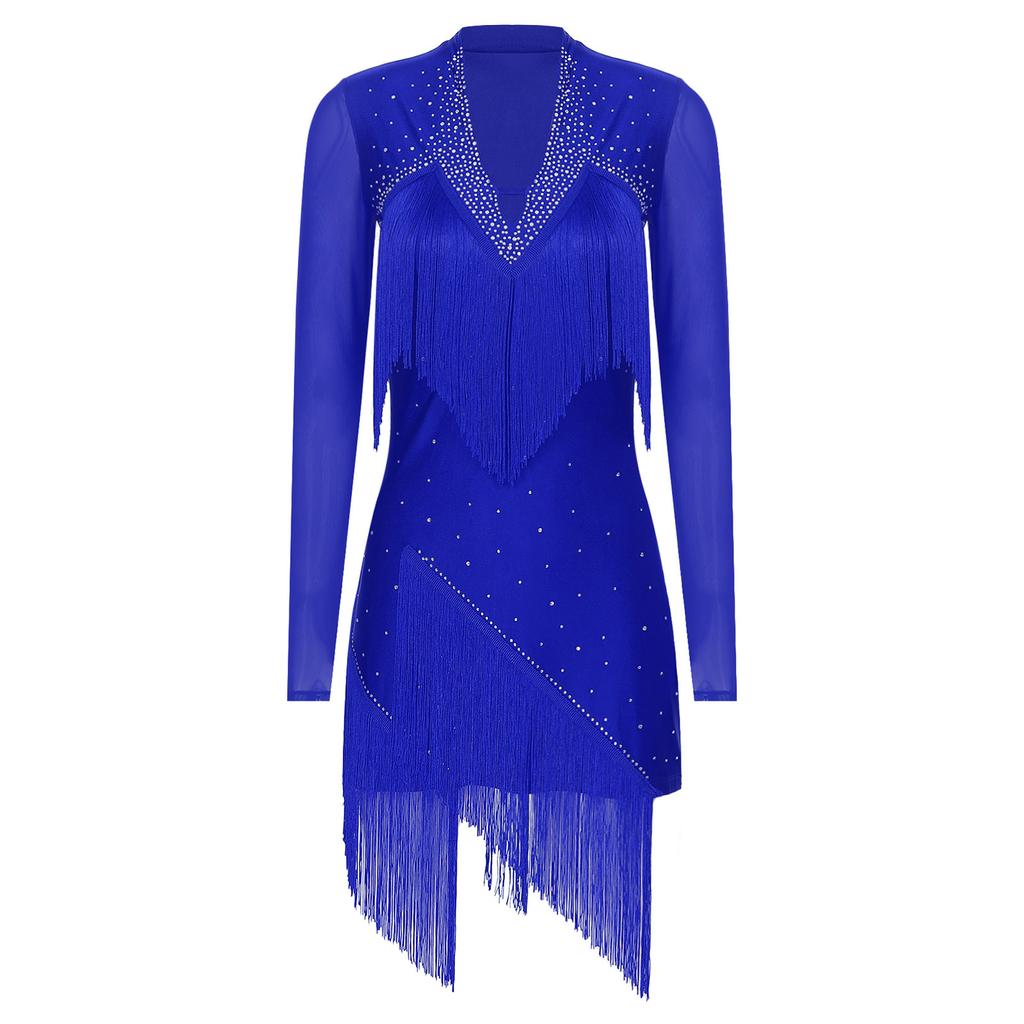 Vestido de dança latina feminino, decote em V, manga comprida, franjas brilhantes de strass, fantasia para apresentações de tango, rumba, cha cha