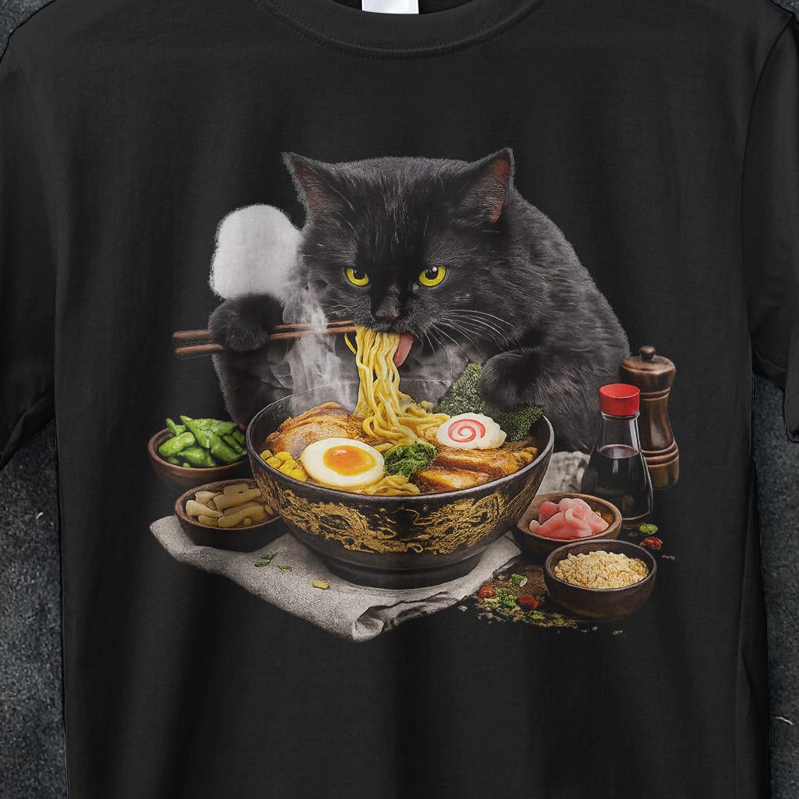 Ramen Cat shirt, Cat Eating Ramen Shirt, Cat Lovers Gifts, Funny Cat Shirt,Noodle cat shirt,cat eating noodles, black cat, Cat Sweater, gift M
