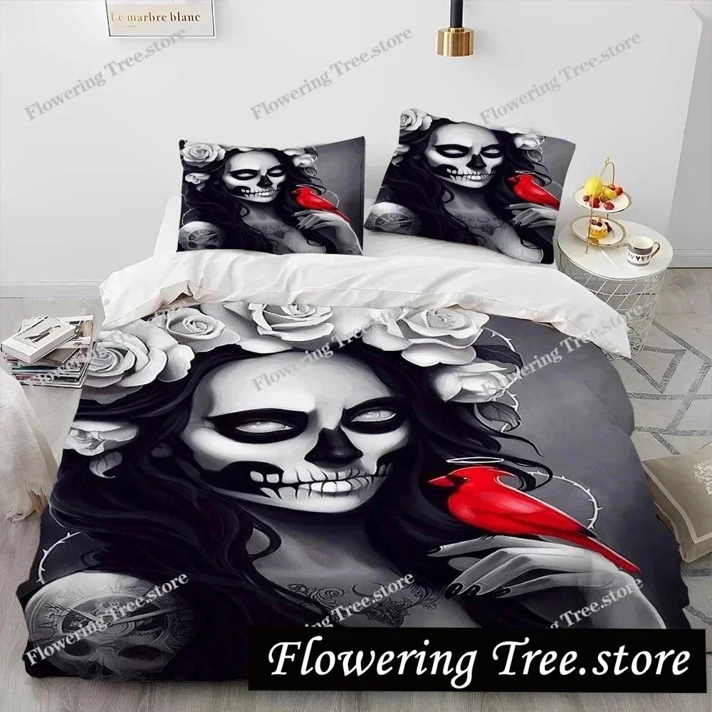 3D Horror Gothic Vrouwelijke Schedel Dood Meisje Dekbedovertrek Beddengoedset, Dekbedovertrek Bedset Quiltovertrek Kussensloop, Queen Size Beddengoedset