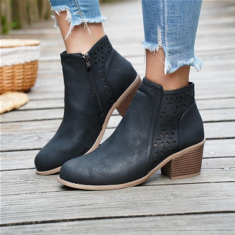 Autumn Coarse Heel Medium Heel Round Head Chelsea Boots Children's Side Zipper Hollow Fashion Women's Boots