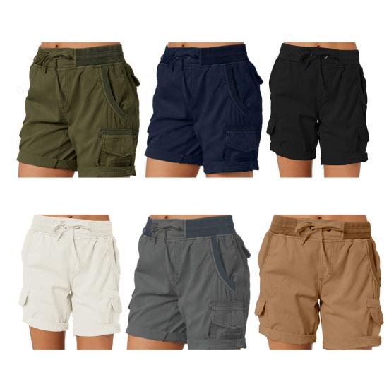 Shorts Femmes Taille Haute Cordon de Serrage Ajustable Shorts Cargo avec Poches Couleur Unie Été Shorts Décontractés Vêtements Quotidien