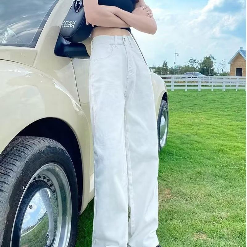 Women's High Rise Straight Leg Jeans Loose Fit Fresh Style No Stretch White Drapey Denim Trousers
