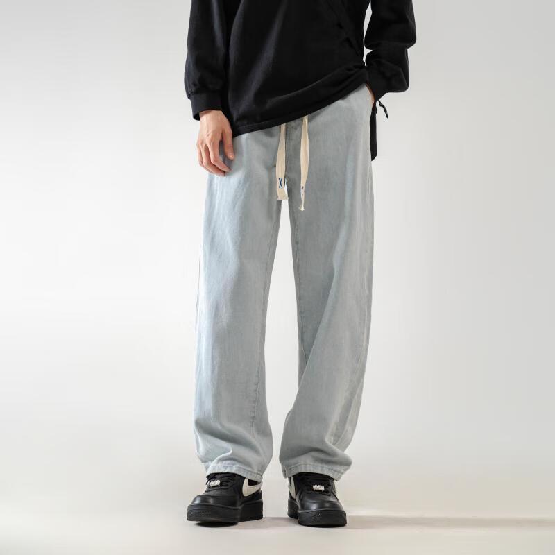 Dingfengbaoluo Men's Washed Retro Straight-Leg Jeans