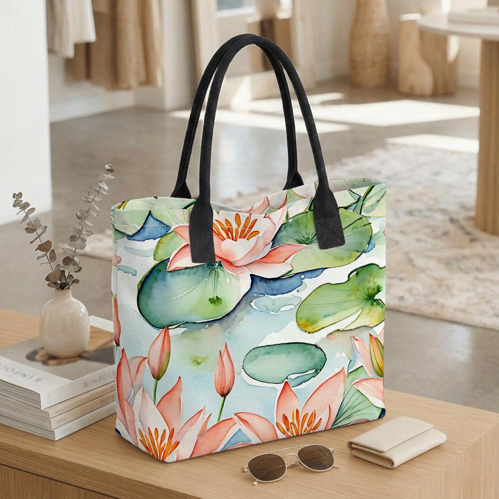  Water Lily Print Tote Bag Aesthetic Casual Large Capacity Shoulder Handbag for Daily Use