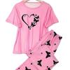 Women's Home Clothes Suit Heart Print Pajamas Set Soft Comfortable Crew Neck Tops & Pants Pyjama Femme Sleepwear for All Seasons