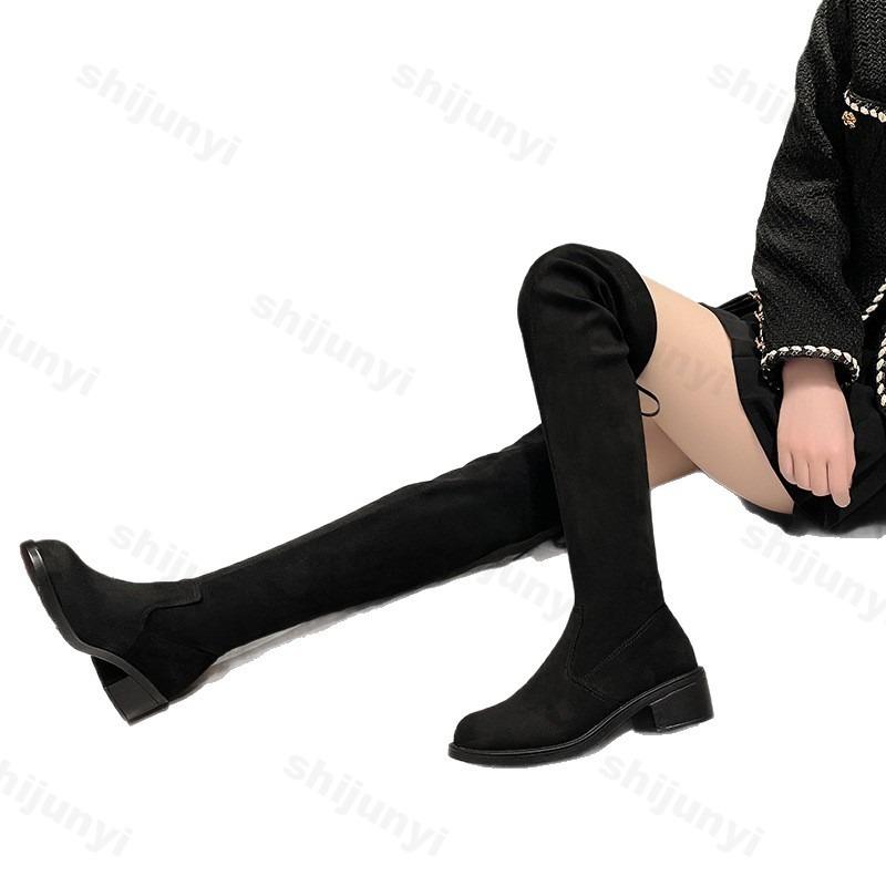 Fashion Women's Over Knee Elastic Boots 2025 Flat Bottom Velvet Long Tube Boots High Tube Round Toe Pure Color Simple Style Adult Shoes