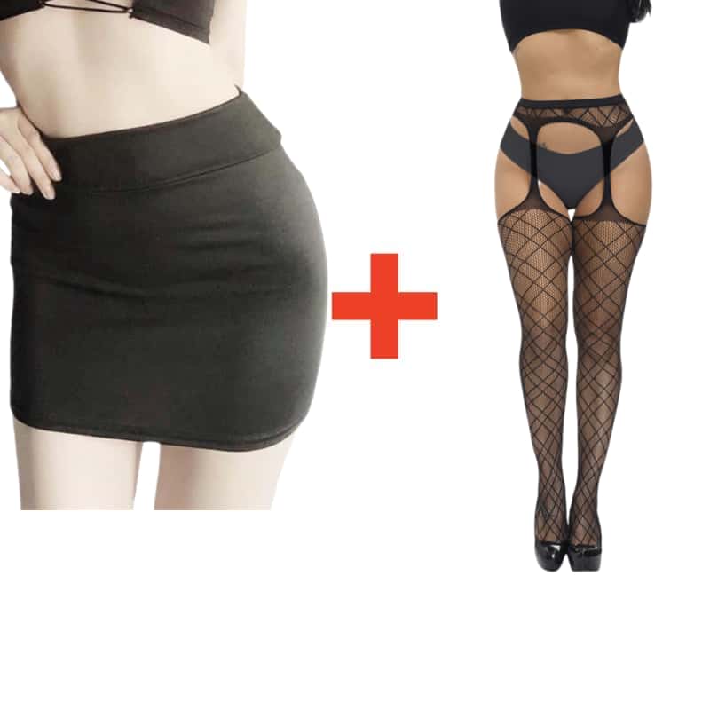 2PCS/SET Women High Waist Pencil Mini Skirts+Stockings Dress Set,Sexy Casual Wrap Hips Black Short Skirt and Pantyhose