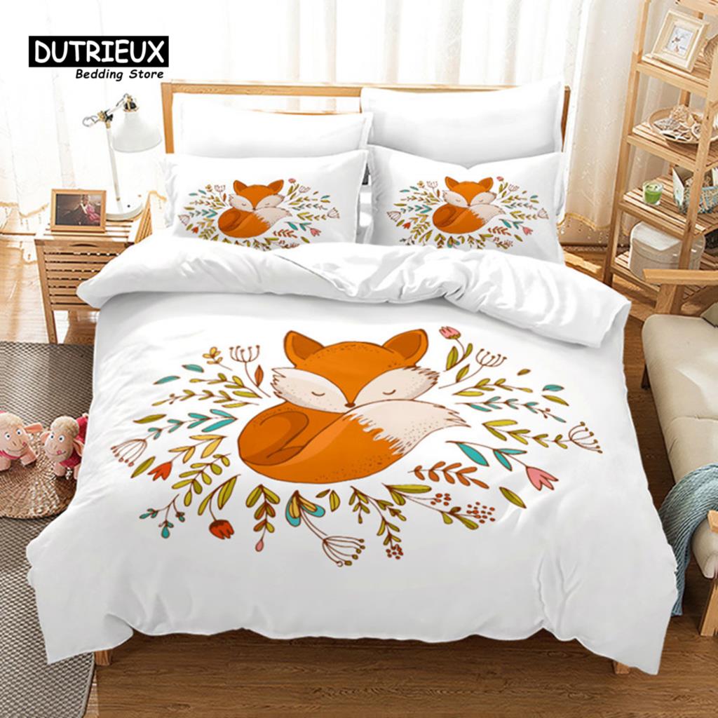 Kids Cartoon Fox Duvet Cover Microfiber Bedding Set Lovely Animal Theme Comforter Cover King For Kids Adults Girls Bedroom Decor