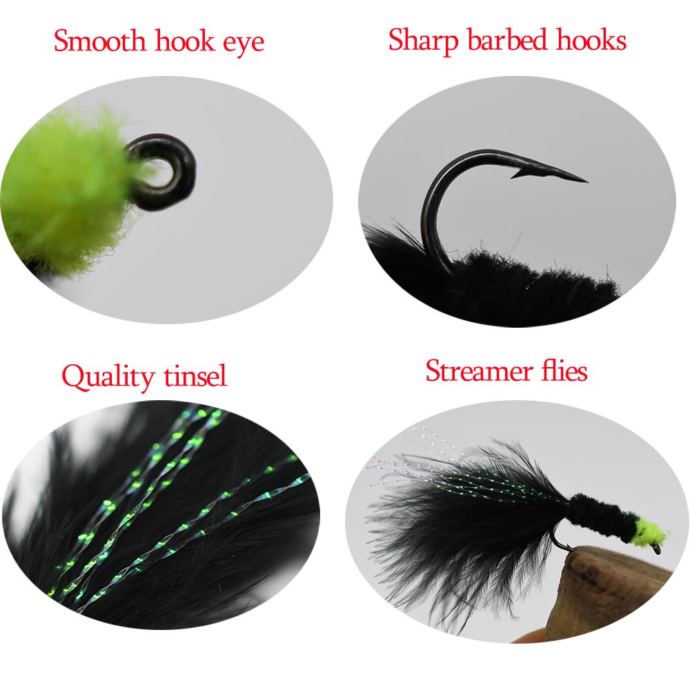 MNFT 6PCS 6# Black Egg Sucking Leech Fly Yellow Head Marabou with Flashabou Trout Fishing Streamer
