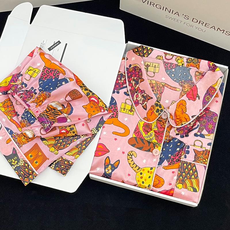 Summer New Ladies Sweet Satin Silk Floral Printed Pajamas Set Short Sleeve+Pants Women Cute Homewear Casual Wear